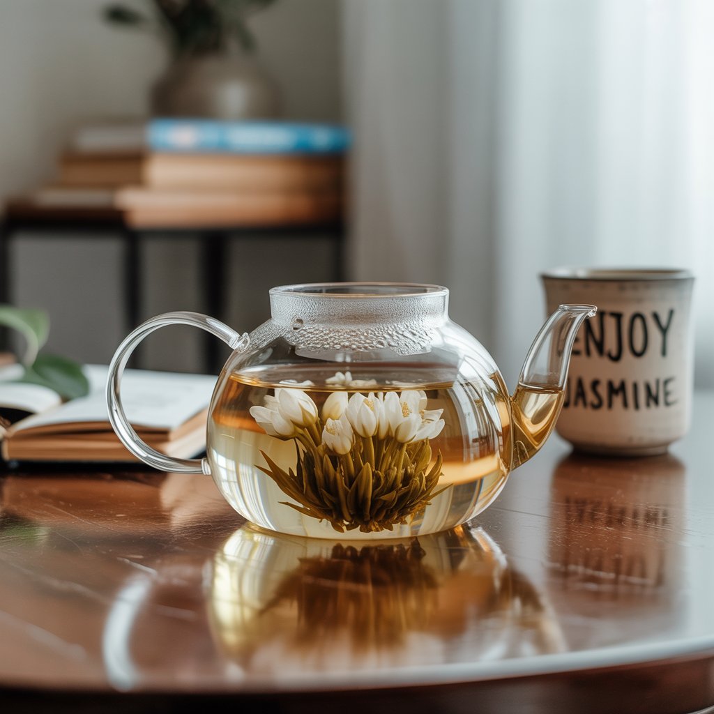 Loose tea leaves in glass teapot
