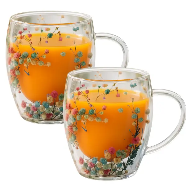 Double-Walled Glass Mug with Dried Flower Design - 350ml - Image 1