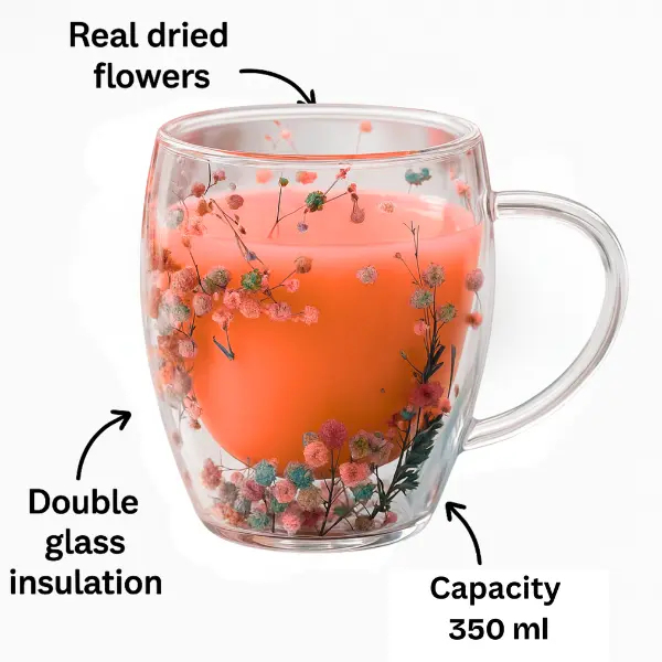 Double-Walled Glass Mug with Dried Flower Design - 350ml - Image 2