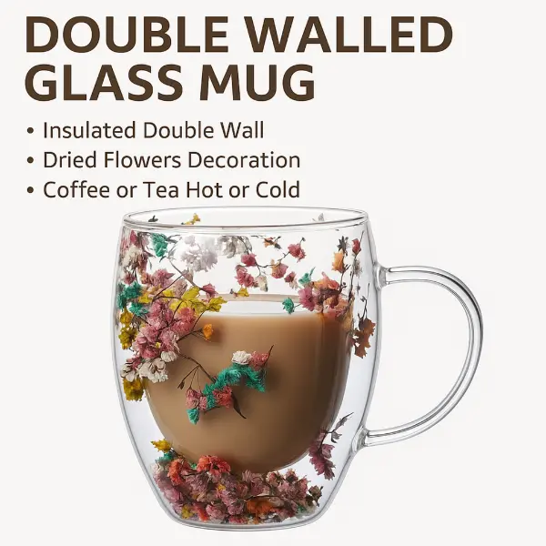 Double-Walled Glass Mug with Dried Flower Design - 350ml - Image 3