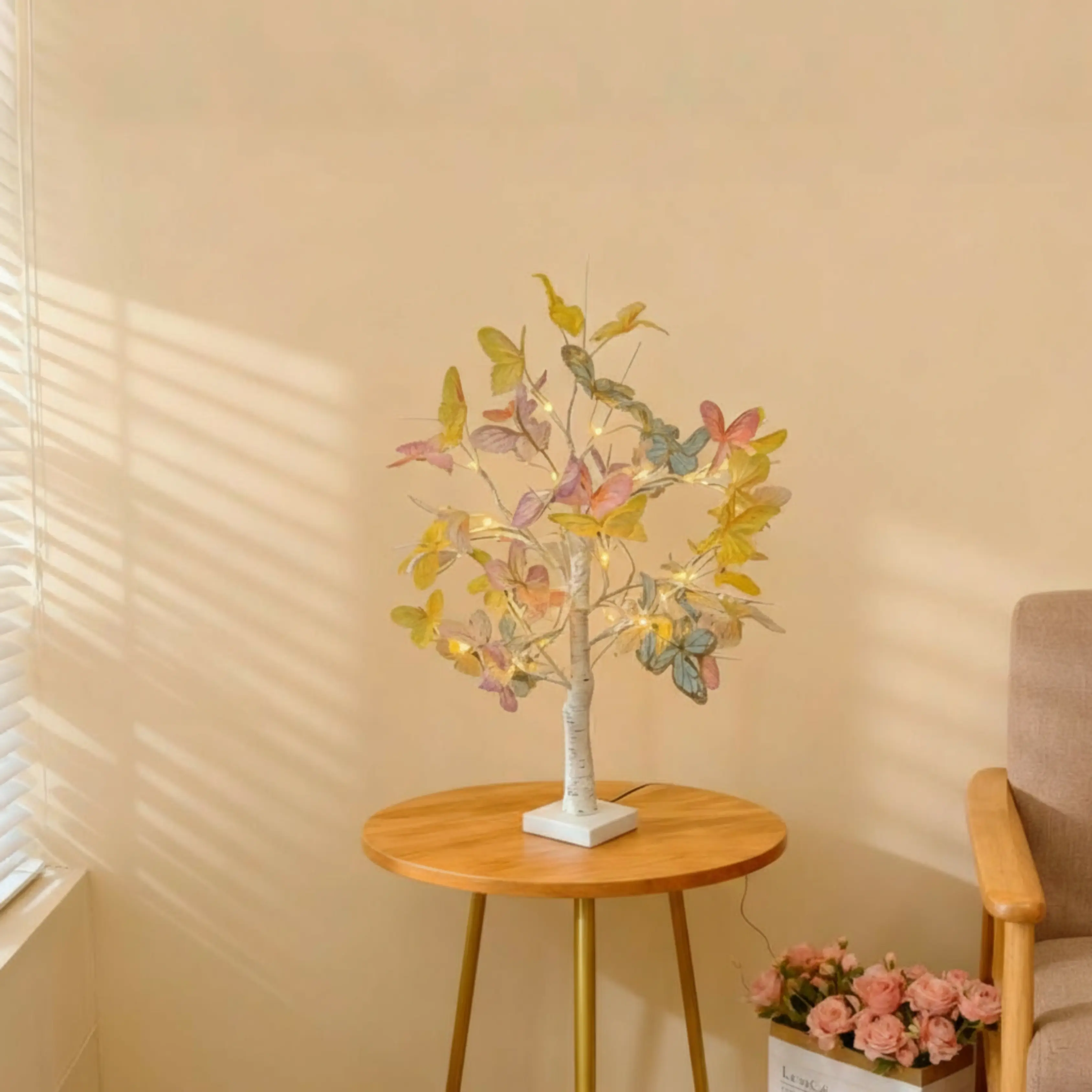 60cm LED Butterfly Tree Lamp – Warm White 2700K Fairy Lights with Pastel Butterflies (Yellow, Pink, Blue) – USB or Battery Powered – Birch Trunk Design - Image 4