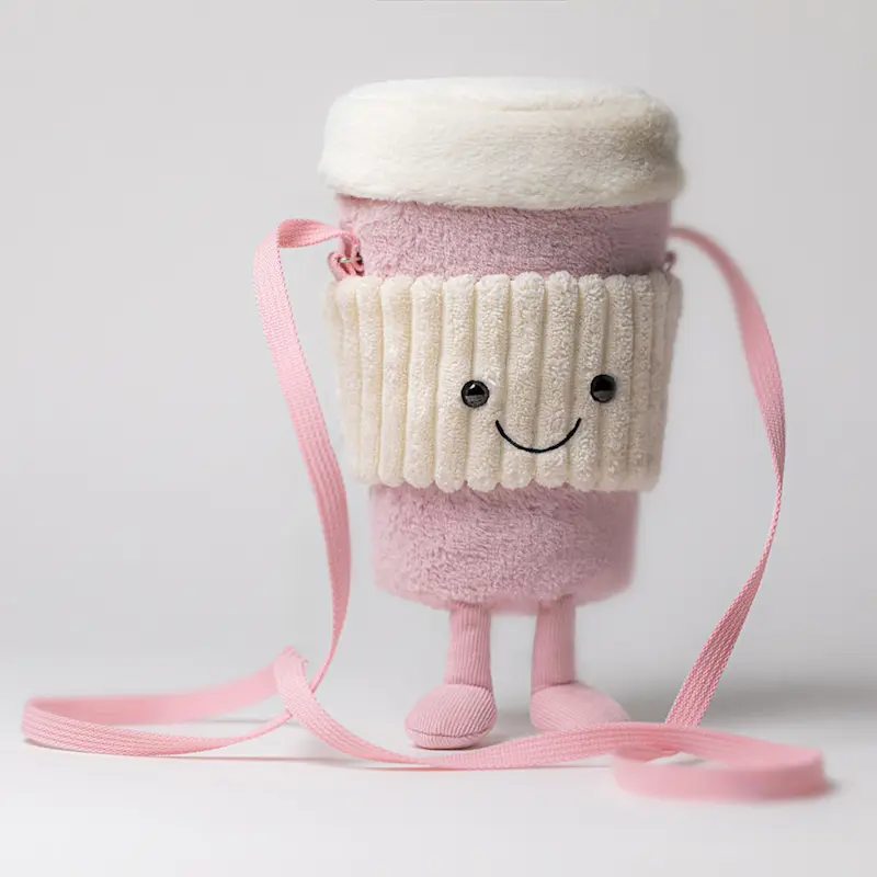 Cute Coffee Mug Plush Crossbody Bag - Smiley Face, Adjustable Strap, Novelty Purse (Light Pink) - Image 1