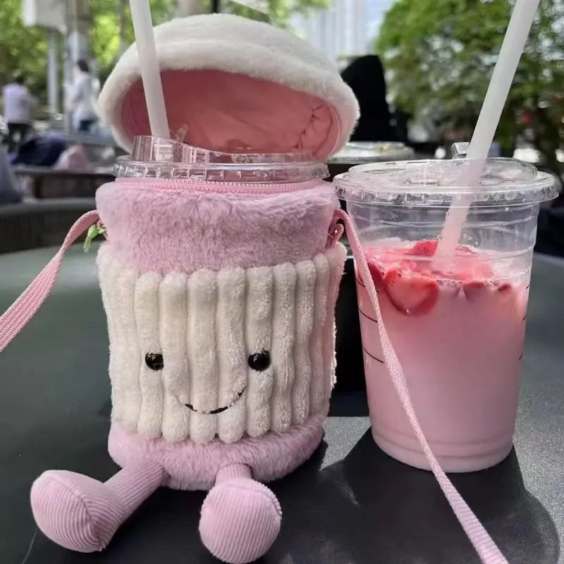 Cute Coffee Mug Plush Crossbody Bag - Smiley Face, Adjustable Strap, Novelty Purse (Light Pink) - Image 2