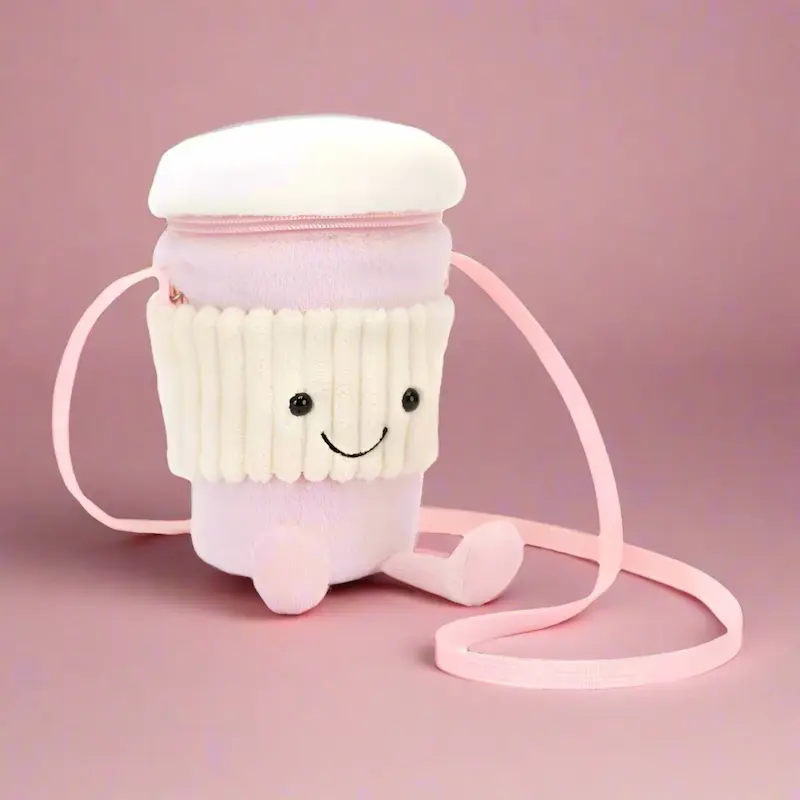 Cute Coffee Mug Plush Crossbody Bag - Smiley Face, Adjustable Strap, Novelty Purse (Light Pink) - Image 3