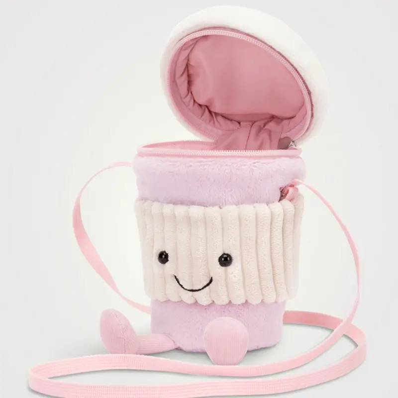 Cute Coffee Mug Plush Crossbody Bag - Smiley Face, Adjustable Strap, Novelty Purse (Light Pink) - Image 4