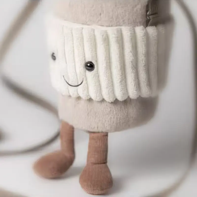 Cute Coffee Mug Plush Crossbody Bag - Smiley Face, Adjustable Strap, Novelty Purse (Beige / Latte) - Image 1