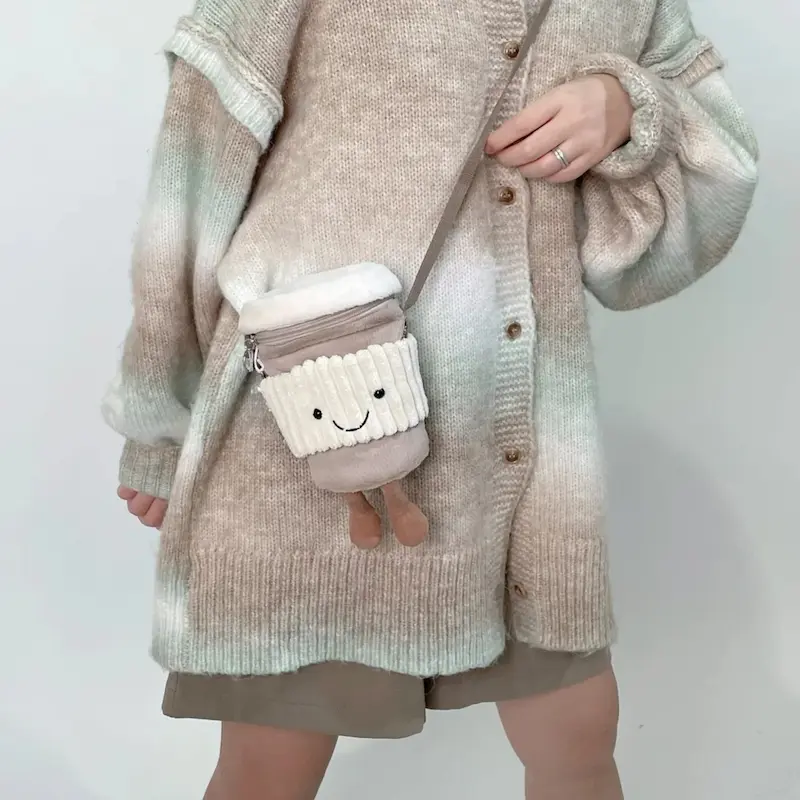 Cute Coffee Mug Plush Crossbody Bag - Smiley Face, Adjustable Strap, Novelty Purse (Beige / Latte) - Image 2