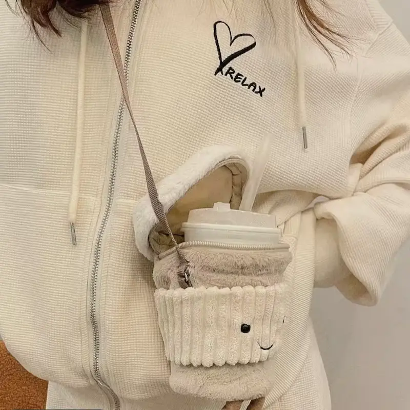 Cute Coffee Mug Plush Crossbody Bag - Smiley Face, Adjustable Strap, Novelty Purse (Beige / Latte) - Image 3