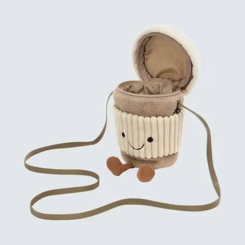 Cute Coffee Mug Plush Crossbody Bag - Smiley Face, Adjustable Strap, Novelty Purse (Beige / Latte) - Image 4