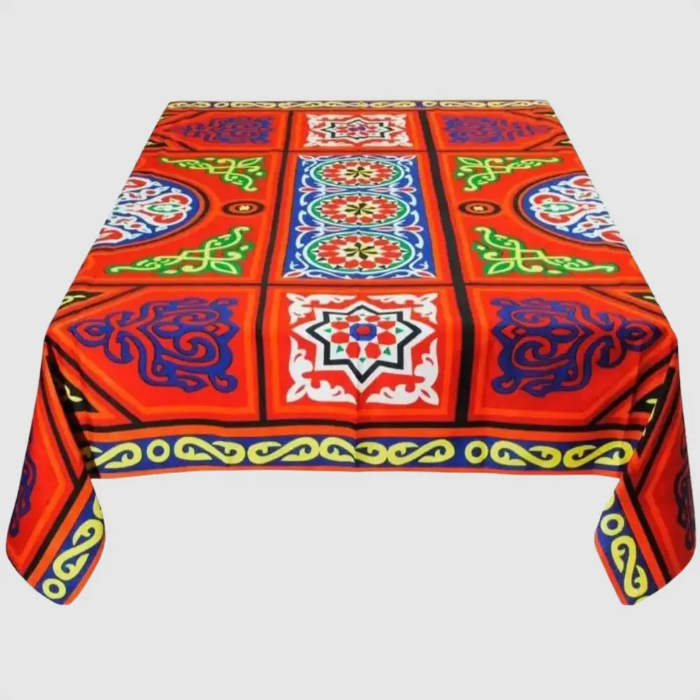 Egyptian Khayameya Ramadan Tablecloth – Traditional Islamic Pattern, Red & Blue Geometric Design with Gold Trim - Image 1