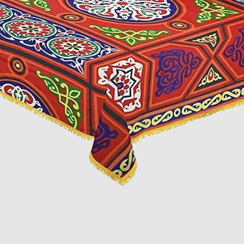 Egyptian Khayameya Ramadan Tablecloth – Traditional Islamic Pattern, Red & Blue Geometric Design with Gold Trim - Image 2