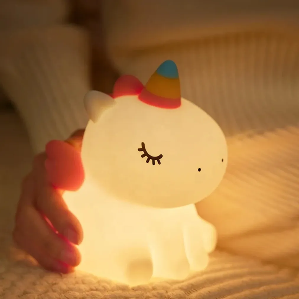 Cute Unicorn Night Light for Kids – Soft Silicone Touch Sensor, USB Rechargeable, Warm White LED Bedside Lamp - Image 1