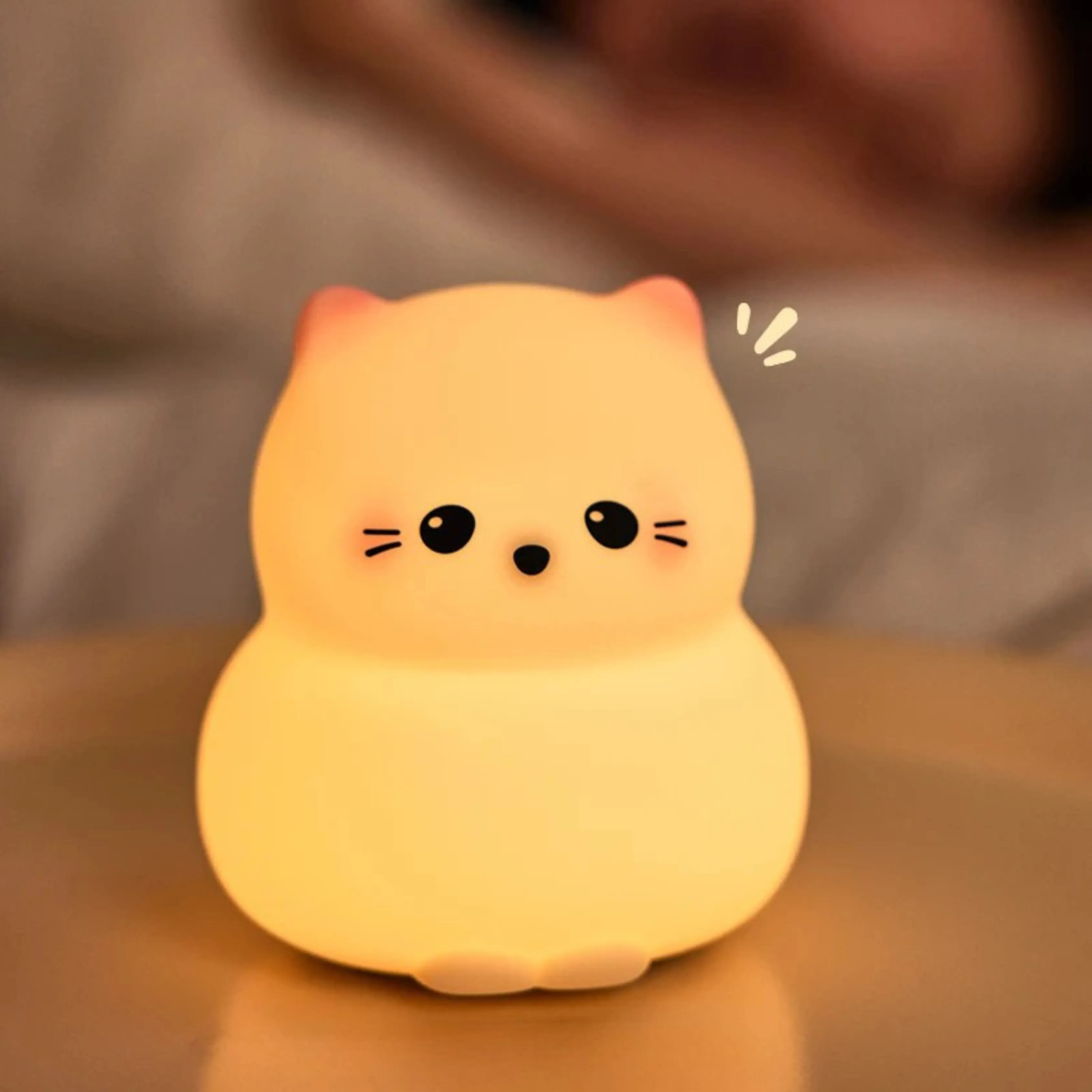 Cute Cat Night Light for Kids – Soft Silicone Touch Sensor, USB Rechargeable, Warm White LED Bedside Lamp - Image 1