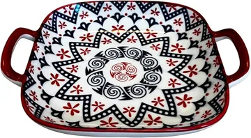 19cm square ceramic serving plate with red and blue mandala pattern and double handles, holding appetizers on family dining table in UAE